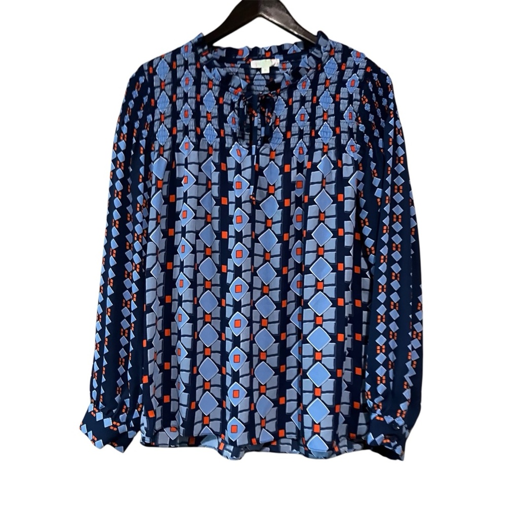 Jade Melody Tam Blue Navy Smocked Neck Tie Peasant Boho Long Sleeve Blouse Sz M - Picture 2 of 14